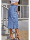 Button Side Split High Waisted Denim Skirt - SunsetFashionLA