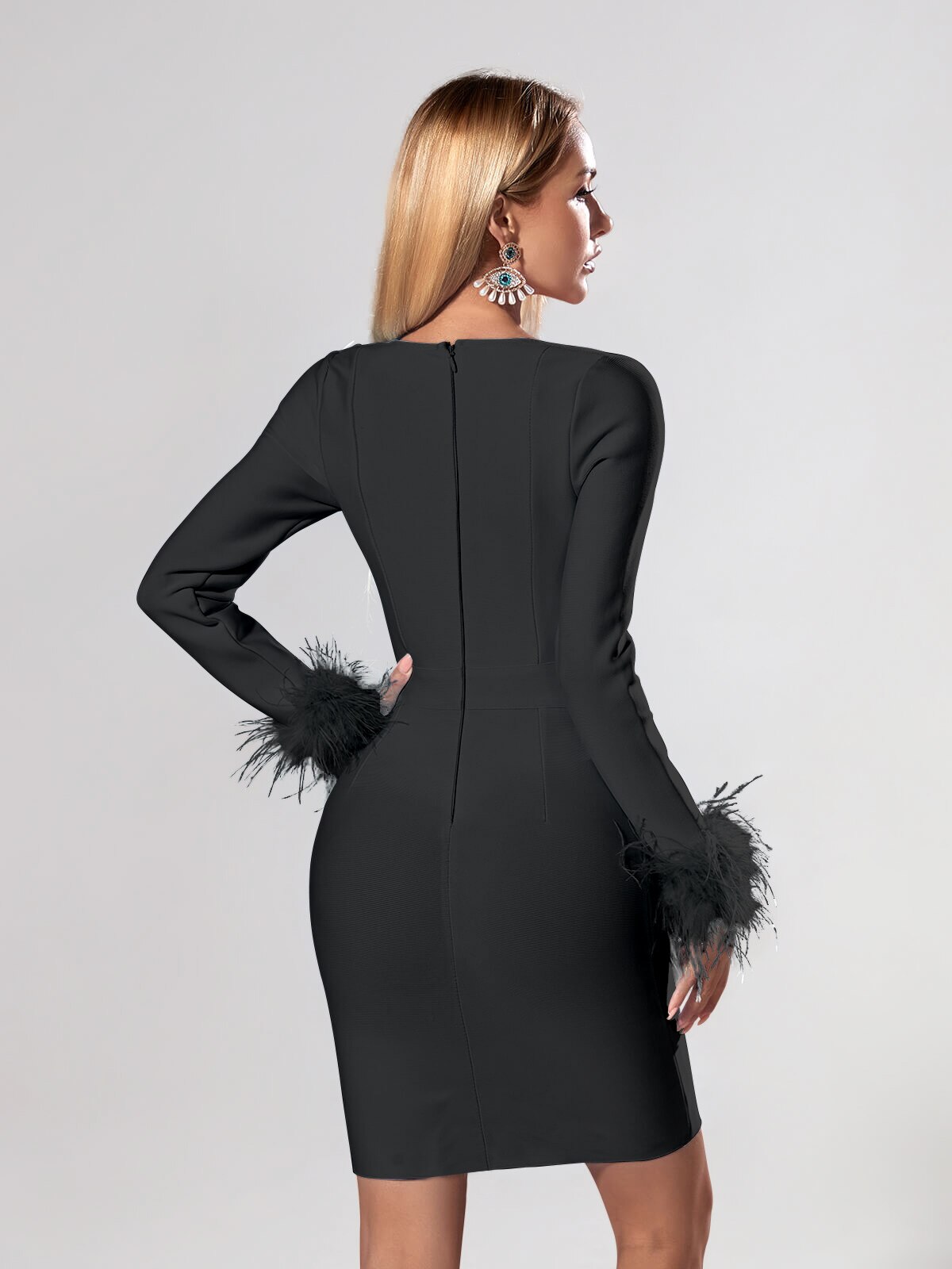 Black - Candace Bandage Long Sleeve Feather Dress SunsetFashionLA Black - Candace Bandage Long Sleeve Feather Dress SunsetFashionLA