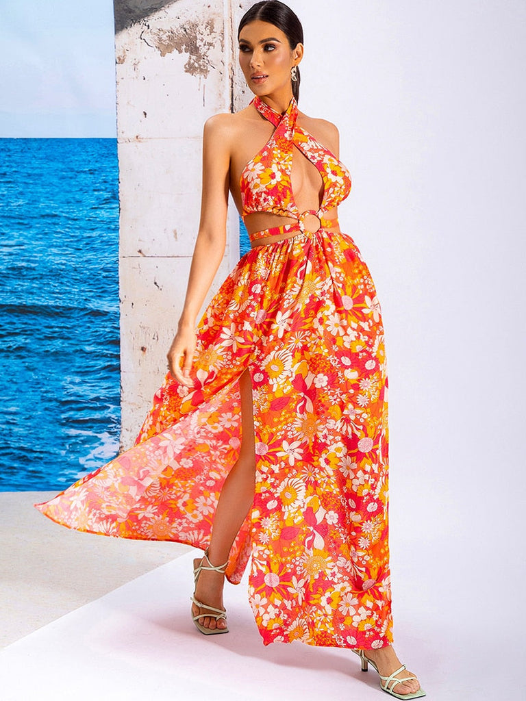 Orange / XS - Cliodhna Halter Cut Out Gown Dress – SunsetFashionLA