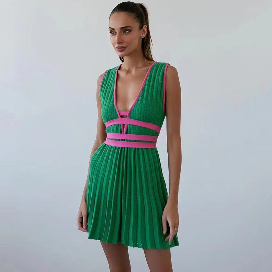 Green - Fleur Pleated Knit Mini Dress SunsetFashionLA Green - Fleur Pleated Knit Mini Dress SunsetFashionLA