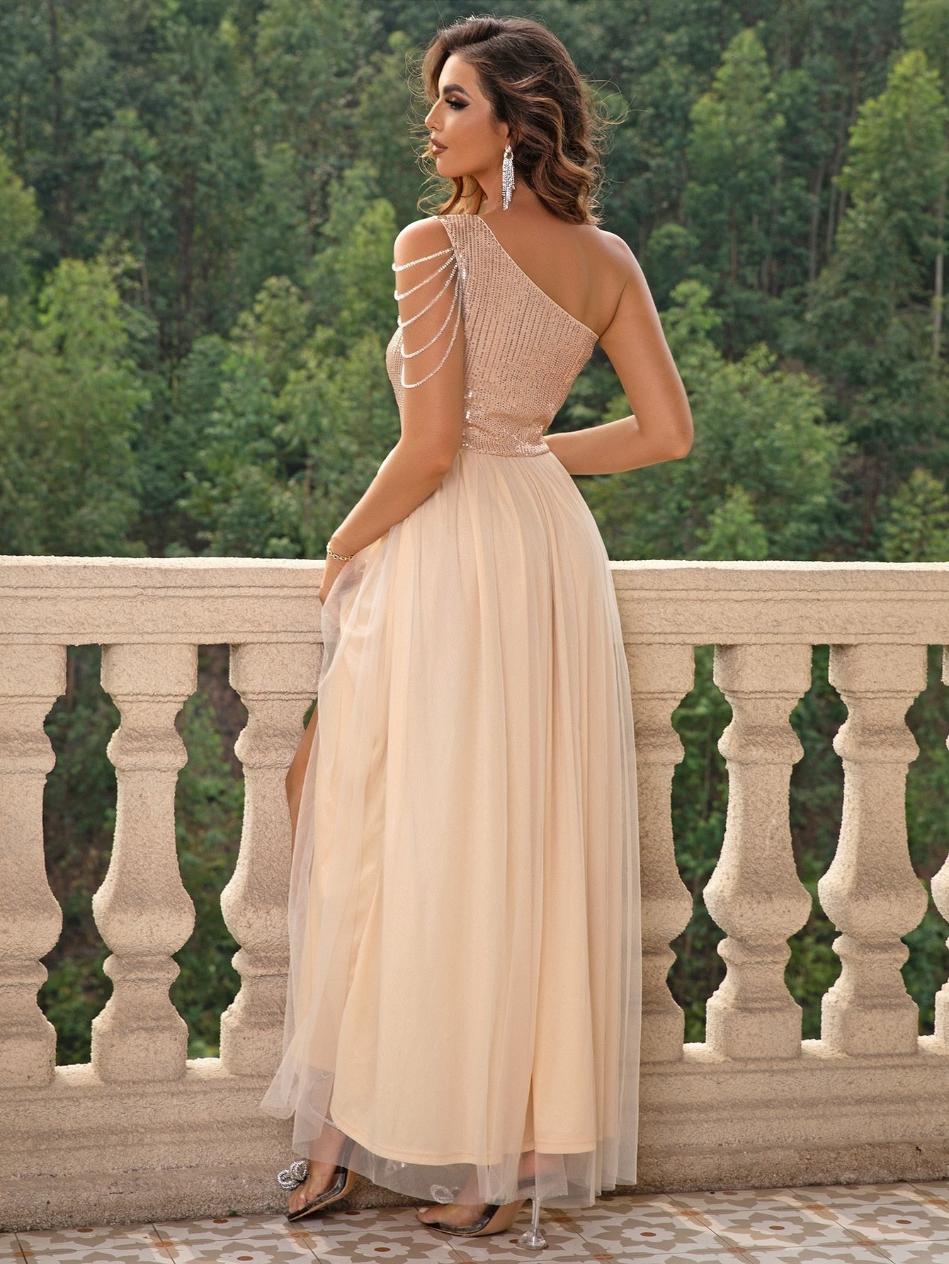 Grecia One Shoulder Sequin Rhinestone Mesh Gown Dress - SunsetFashionLA
