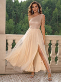 Grecia One Shoulder Sequin Rhinestone Mesh Gown Dress