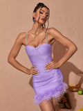Joanne Rhinestone Bandage Dress with Feathers - SunsetFashionLA