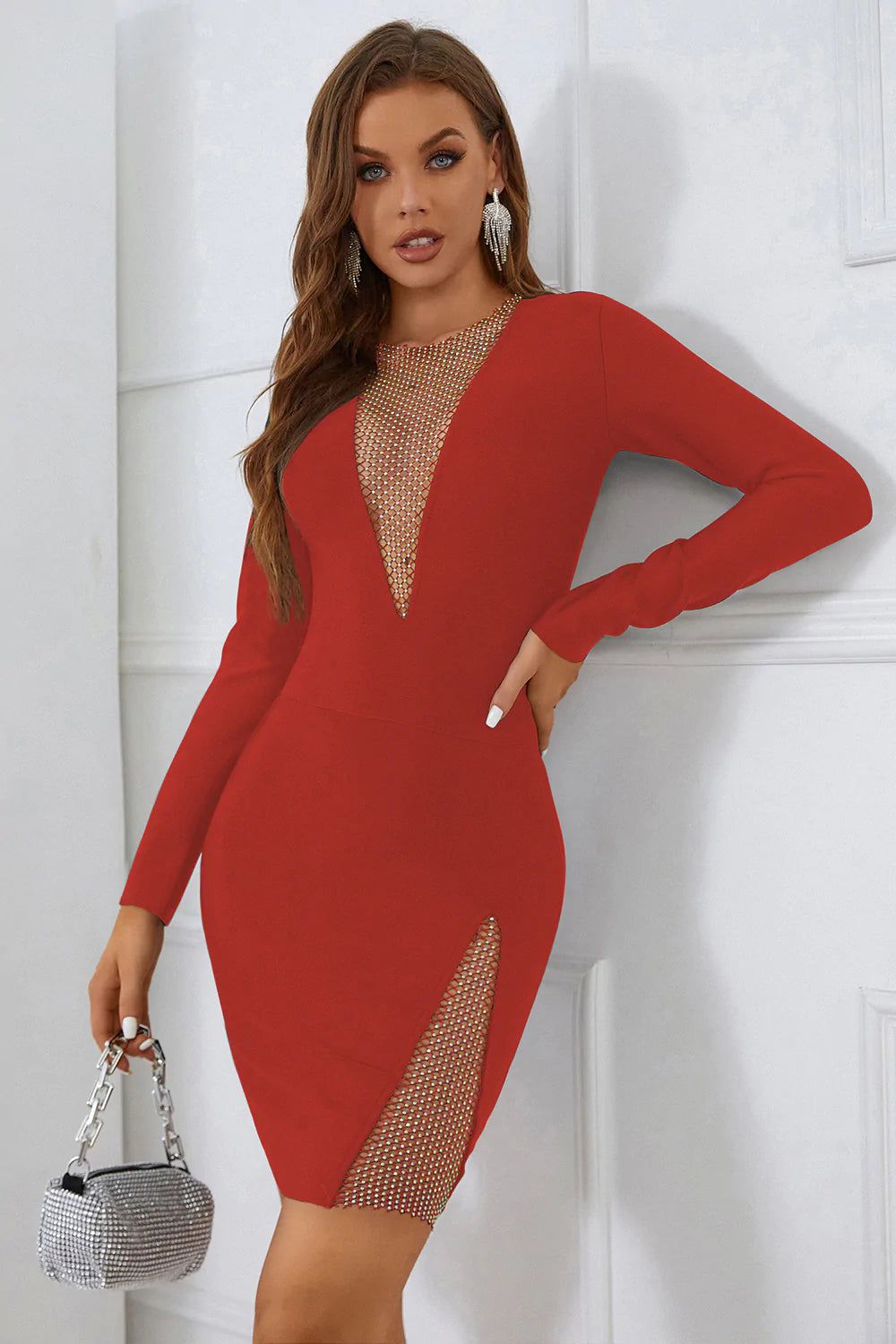 Red - Layla Rhinestones Long Sleeve Bandage Dress SunsetFashionLA Red - Layla Rhinestones Long Sleeve Bandage Dress SunsetFashionLA