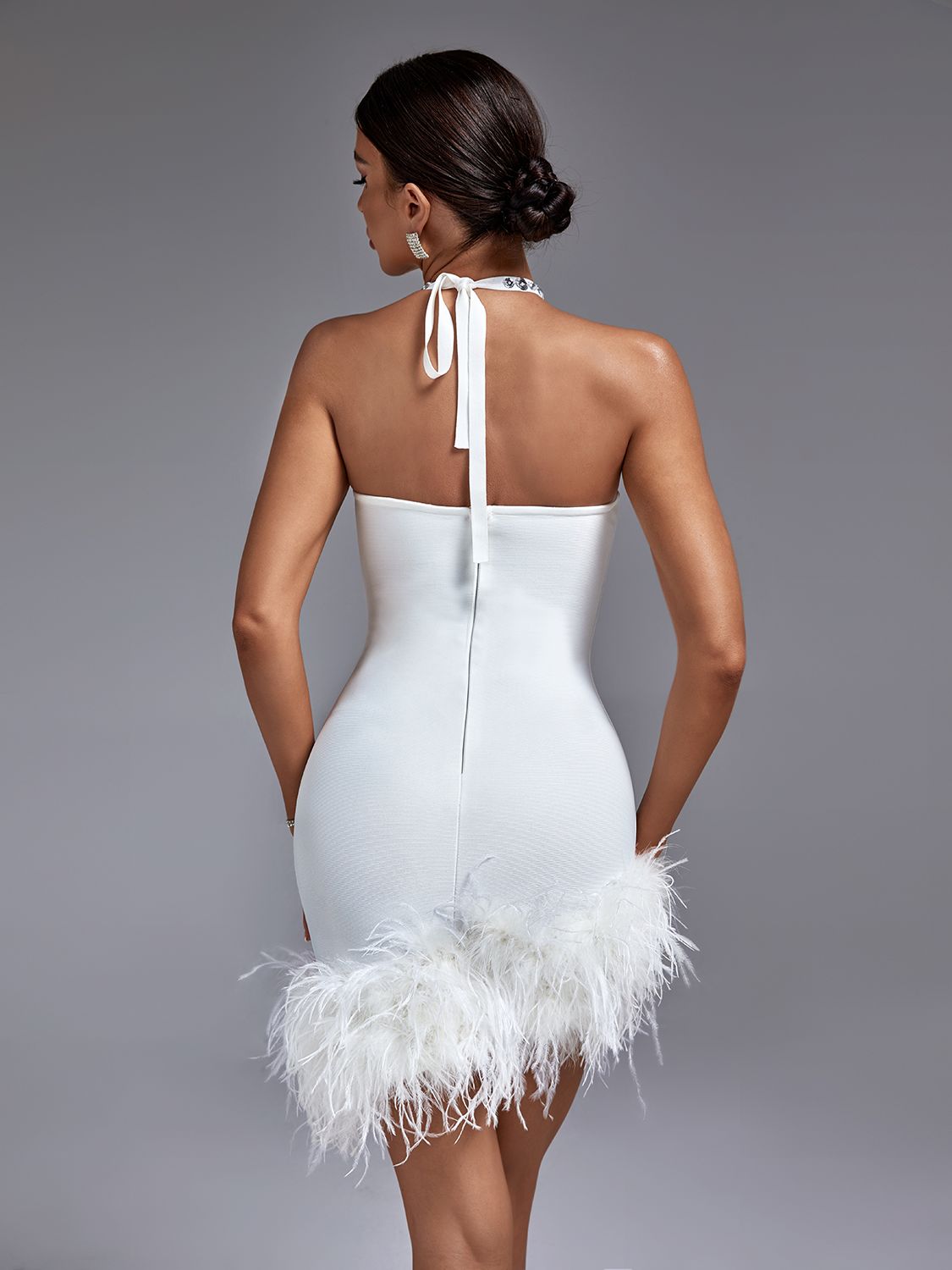 Leilani Bandage Cut Out Halter Rhinestone Dress with Feathers - SunsetFashionLA