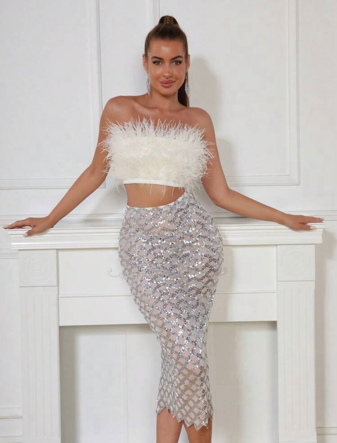 White - Libby - White Feather Top and Sequined Skirt Two Piece Dress Set SunsetFashionLA White - Libby - White Feather Top and Sequined Skirt Two Piece Dress Set SunsetFashionLA