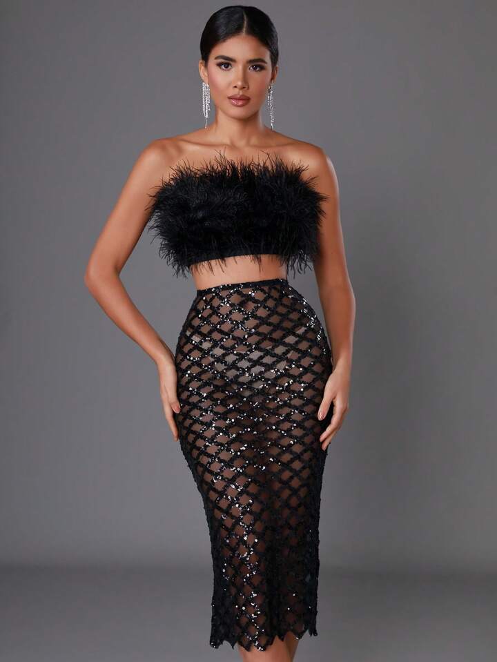 Black - Libby Feather Top and Sequined Skirt Two Piece Dress Set Black - Libby Feather Top and Sequined Skirt Two Piece Dress Set