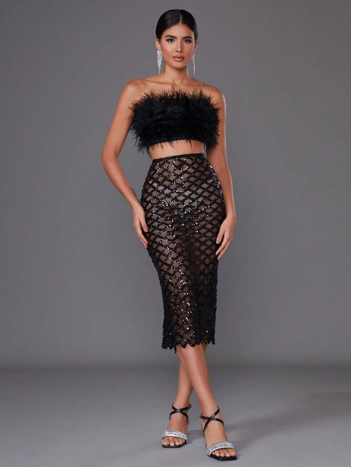 Black - Libby Feather Top and Sequined Skirt Two Piece Dress Set Black - Libby Feather Top and Sequined Skirt Two Piece Dress Set