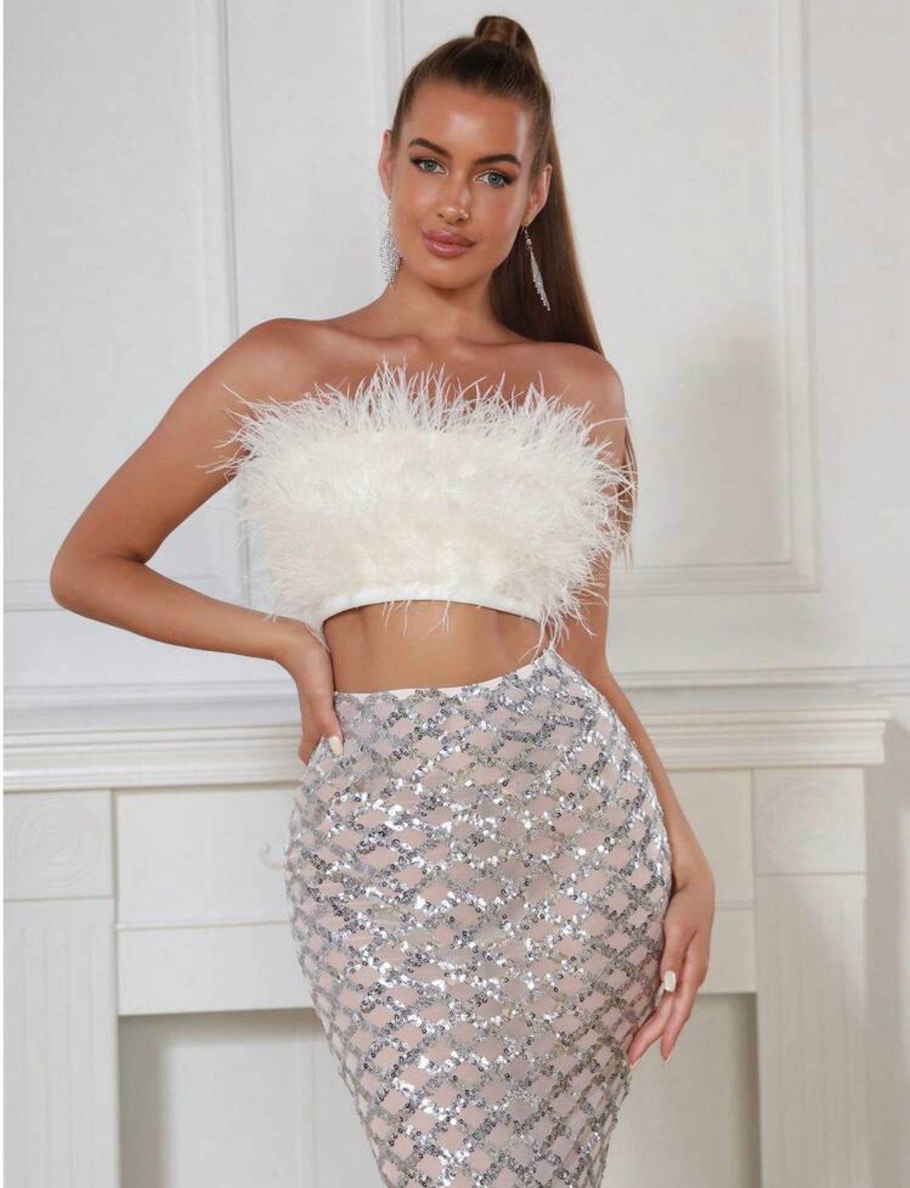 fawn white feather skirt bodycon dress Jovani 04042 Off White Feather Skirt Short Dress