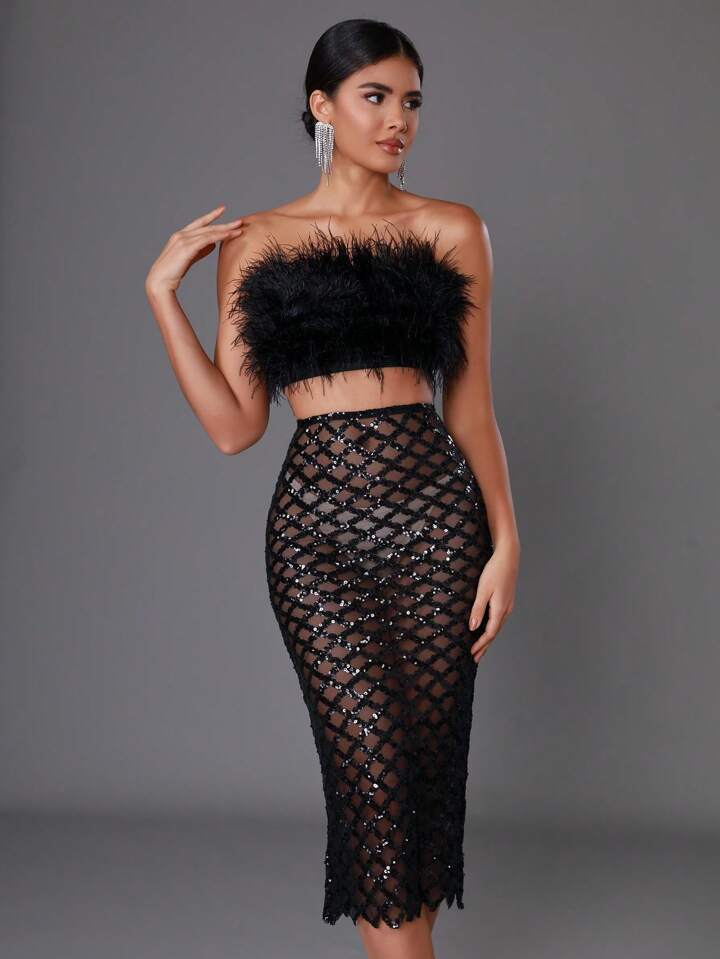 Libby Feather Top and Sequined Skirt Two Piece Dress Set - Black / XS Libby Feather Top and Sequined Skirt Two Piece Dress Set - Black / XS