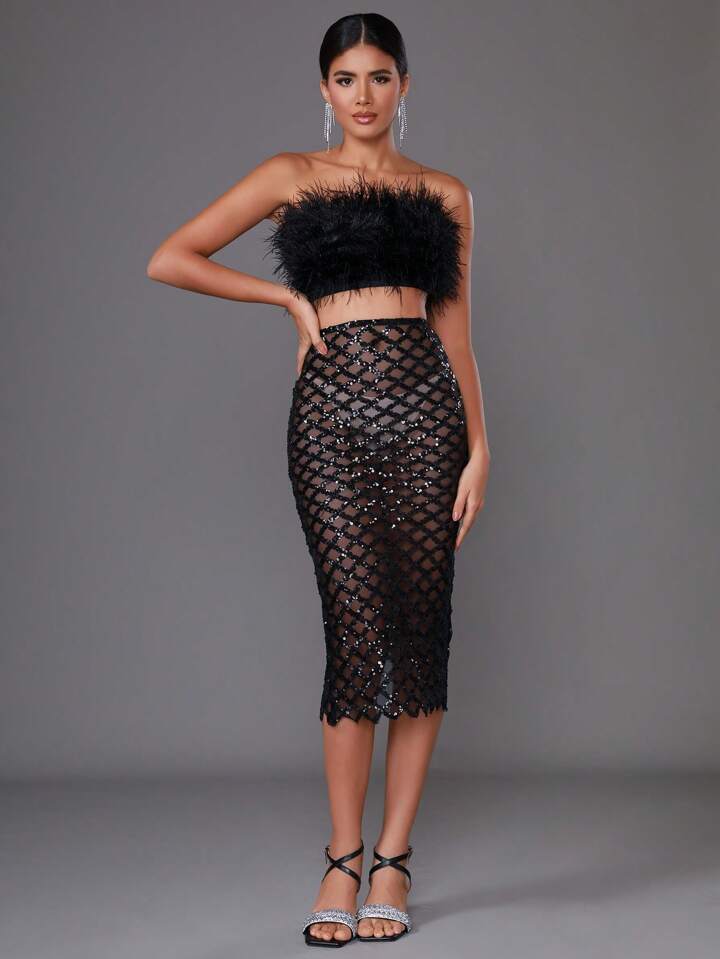 Black - Libby Feather Top and Sequined Skirt Two Piece Dress Set SunsetFashionLA Black - Libby Feather Top and Sequined Skirt Two Piece Dress Set SunsetFashionLA