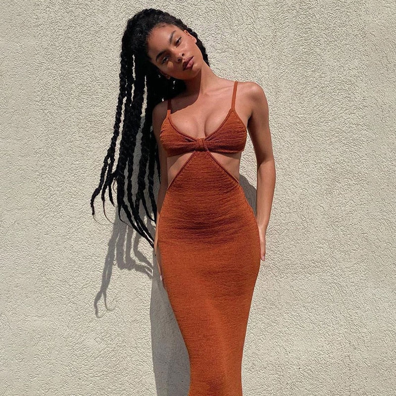 Brown - Tulum Knit Cut Out Maxi Dress SunsetFashionLA Brown - Tulum Knit Cut Out Maxi Dress SunsetFashionLA