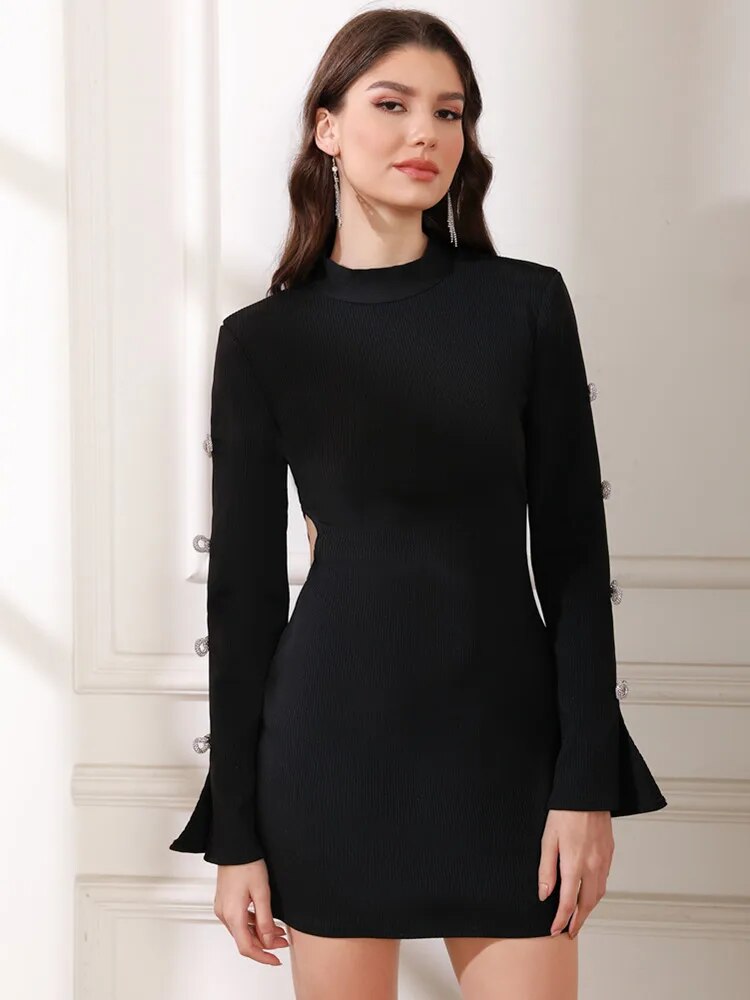 Black - Black Bandage Dress - Long Sleeve Dress With Bow Sleeves SunsetFashionLA Black - Black Bandage Dress - Long Sleeve Dress With Bow Sleeves SunsetFashionLA