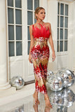 Yvaine Strapless Feathers Sequin Red Dress