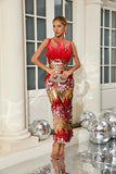 Yvaine Strapless Feathers Sequin Red Dress