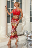 Yvaine Strapless Feathers Sequin Red Dress