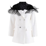 Lizzy Black Lace Patchwork Double Breasted White Blazer