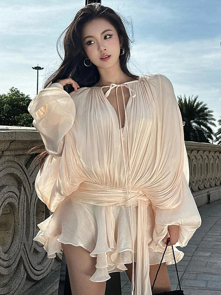 Sally Lace Up Lantern Sleeves Chiffon Dress Sally Lace Up Lantern Sleeves Chiffon Dress