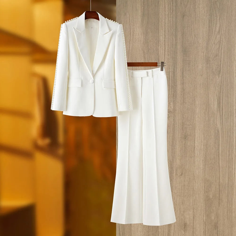 White Pants and Blazer with Pearls Two Piece Set