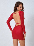 Althea Long Sleeve Cowl Back Mesh Rhinestone Mini Dress