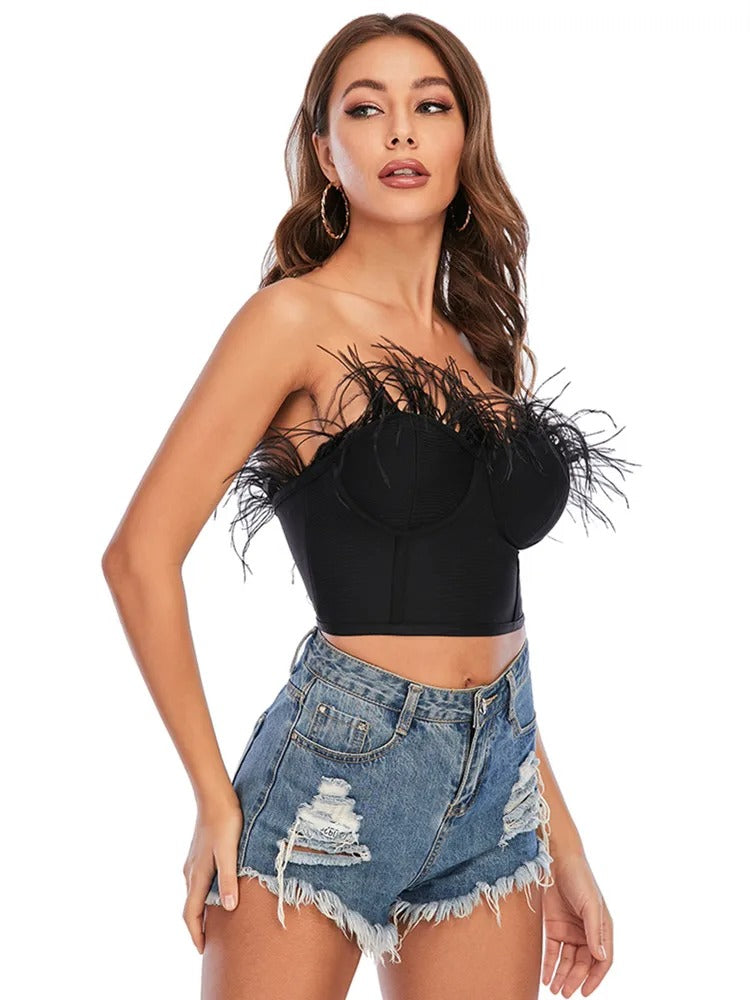 Feather Strapless Bandage Crop Top