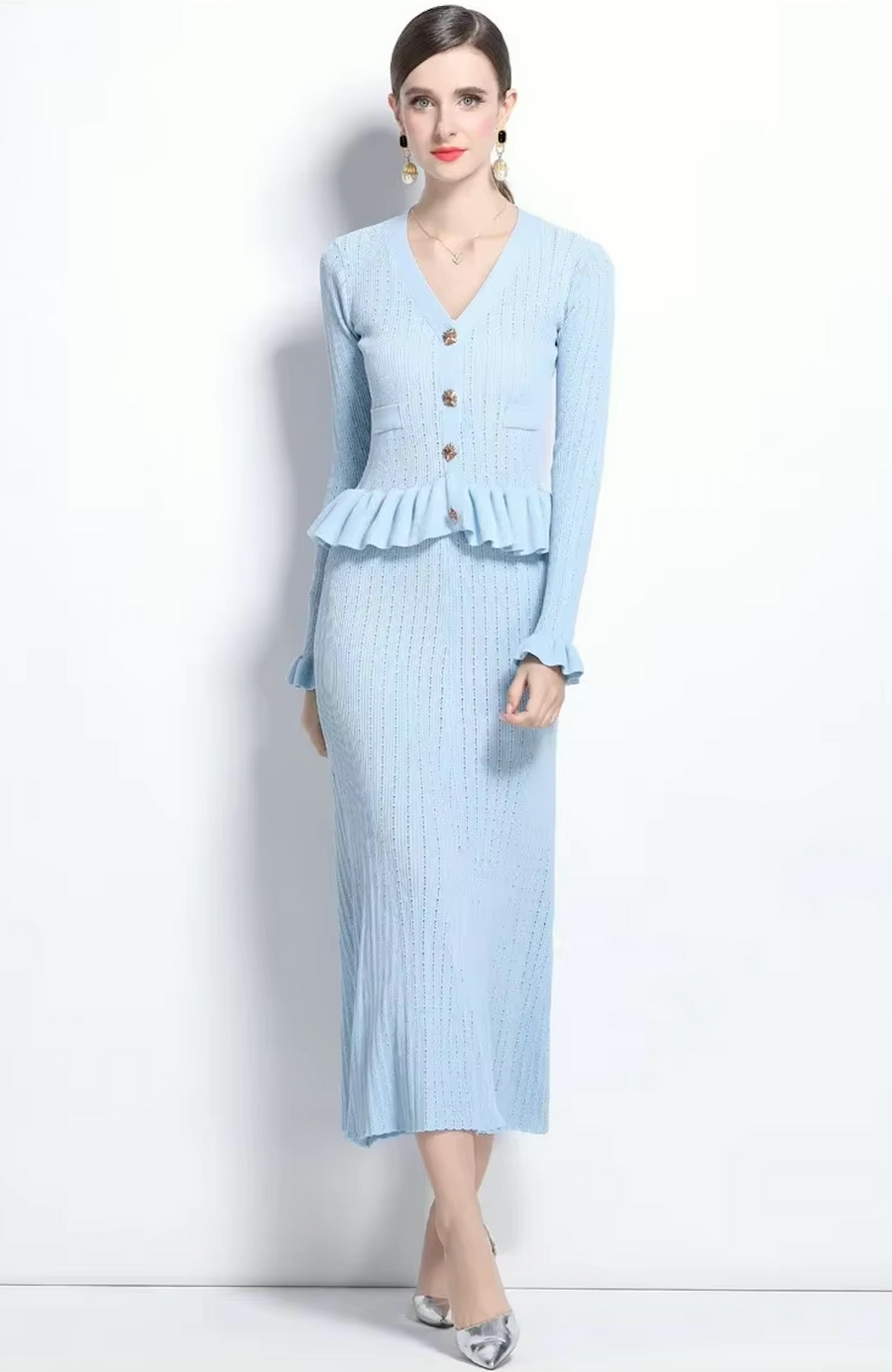 Long Pants And Pearl Buttoned Long Top Set